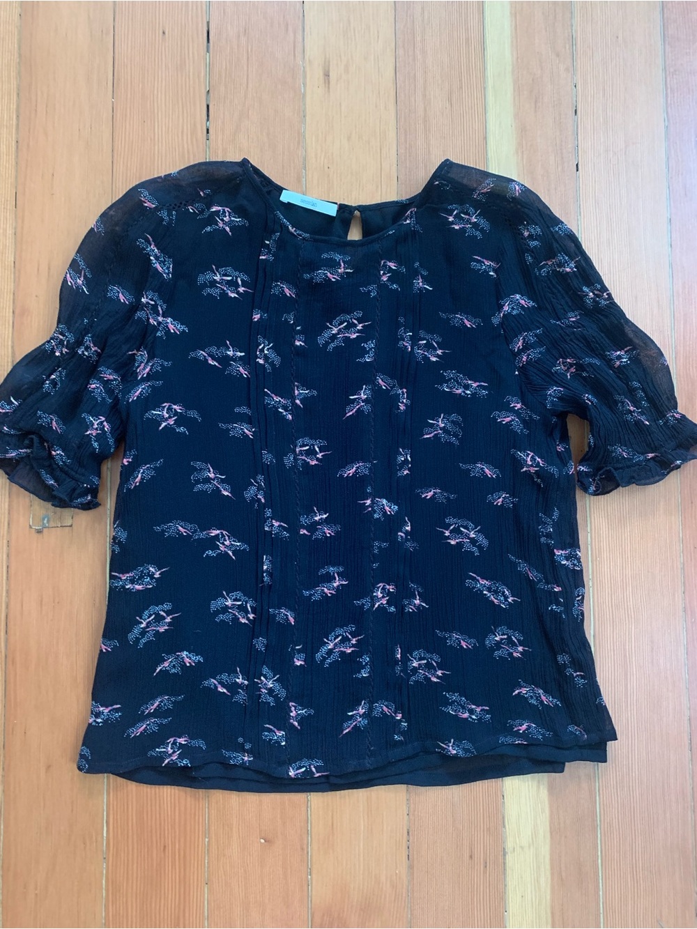 Sessun Black Floral Short Puff Sleeve Blouse Sz M